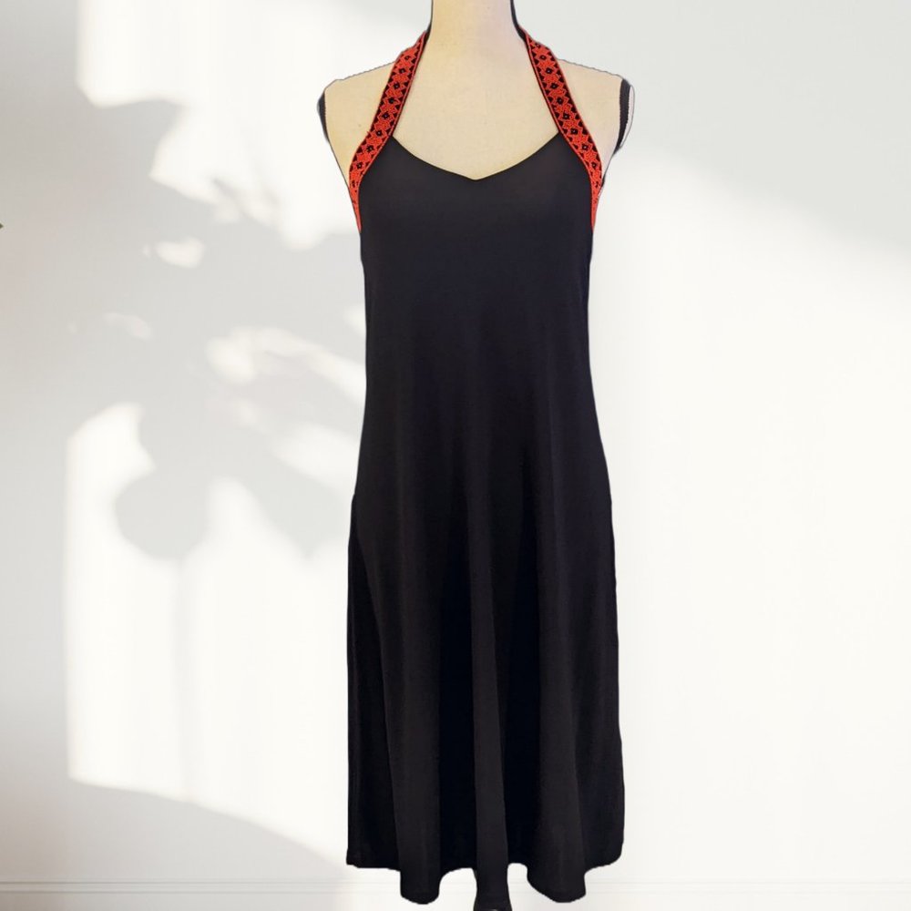 Vintage 90s/Y2K Ralph Lauren Black Halter Red Beaded Pattern Cocktail Pa…